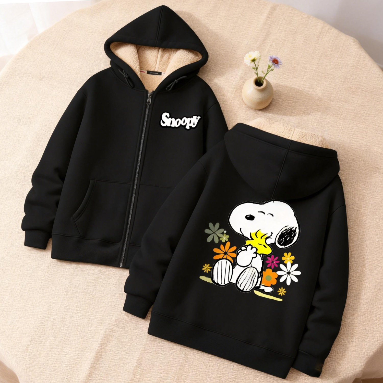 Winter Clothing Uae - Snoopy Black Zip Hoodie Adult Kawaii