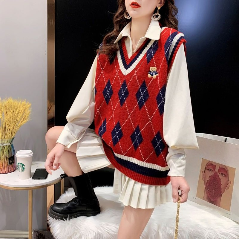 Red Knit Vests for Women Sleev - Winter Clothing Aesthetic reseña y precio