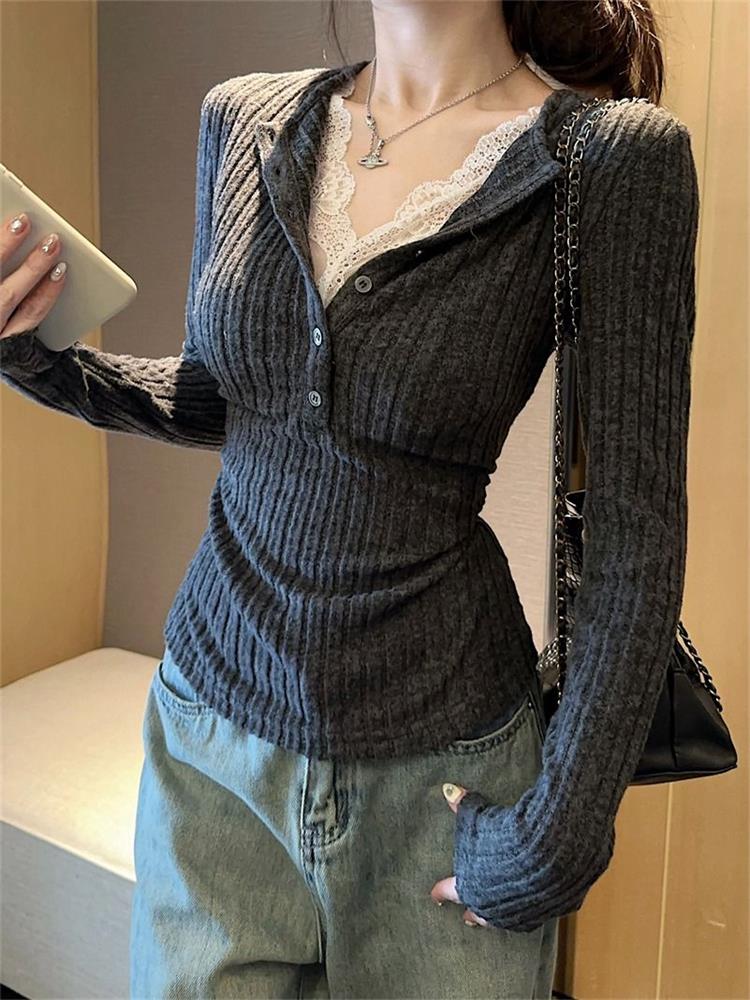 Women's Top Lace Patchwork Lon - Winter Clothing Aesthetic reseña y precio