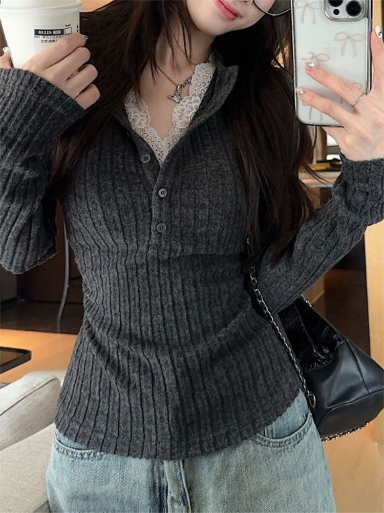 Women's Top Lace Patchwork Lon - Winter Clothing Aesthetic reseña y precio