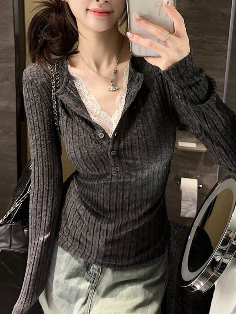 Women's Top Lace Patchwork Lon - Winter Clothing Aesthetic reseña y precio
